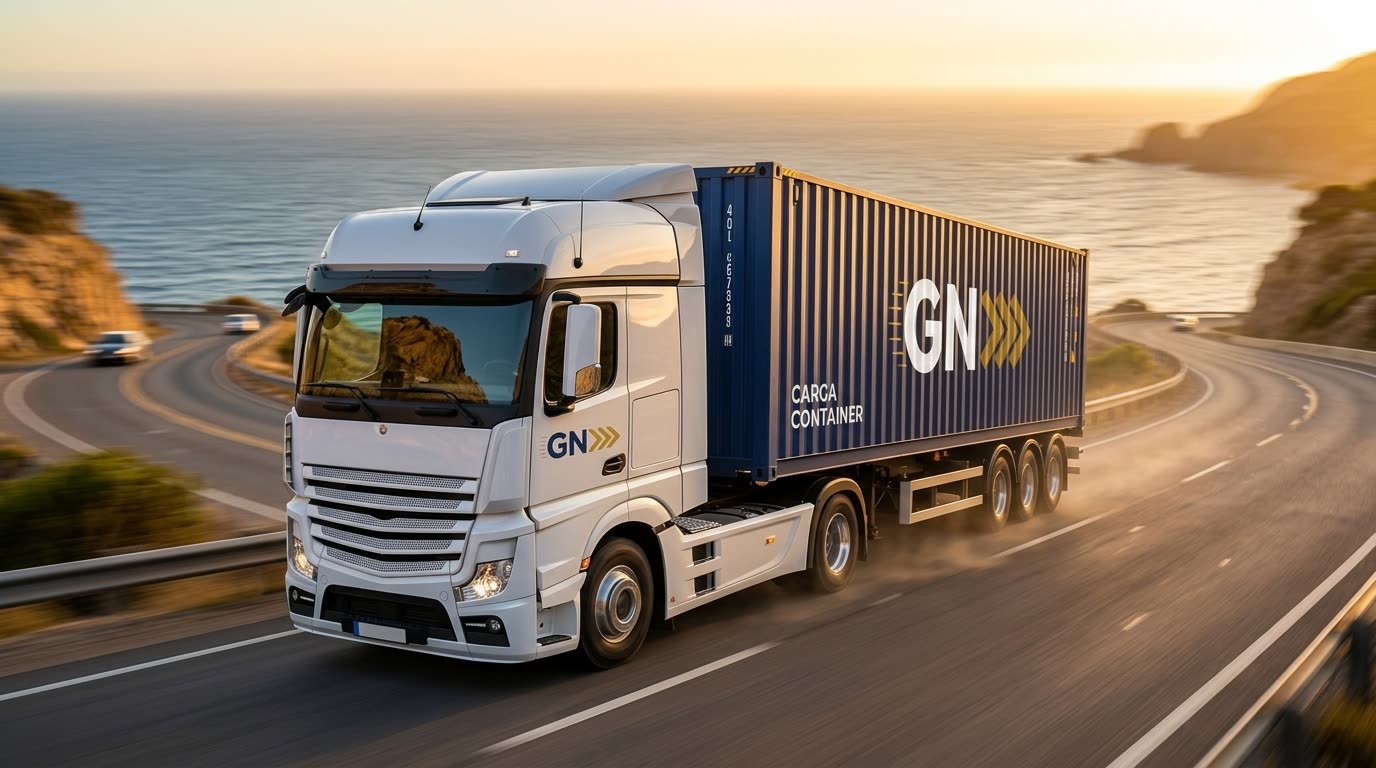 Caminhão da GN transportando contêiner